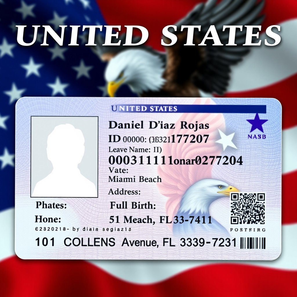 A detailed and realistic identification card for the United States, displaying a modern design