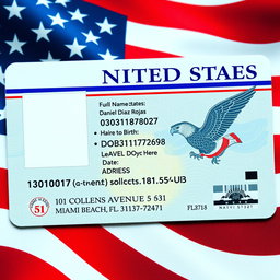 A detailed and realistic identification card for the United States, displaying a modern design