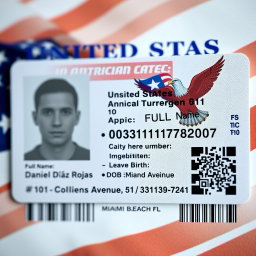 A detailed and realistic identification card for the United States, displaying a modern design