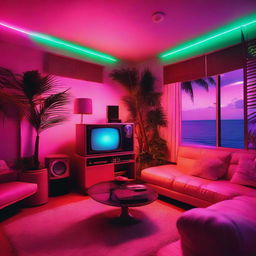 An 80's style apartment bathed in neon lights, adorned with vintage tech such as a HiFi system, vinyl player, and an aged TV. The room offers a captivating night view of a beach with palm trees, centered around a nostalgic vintage sofa.