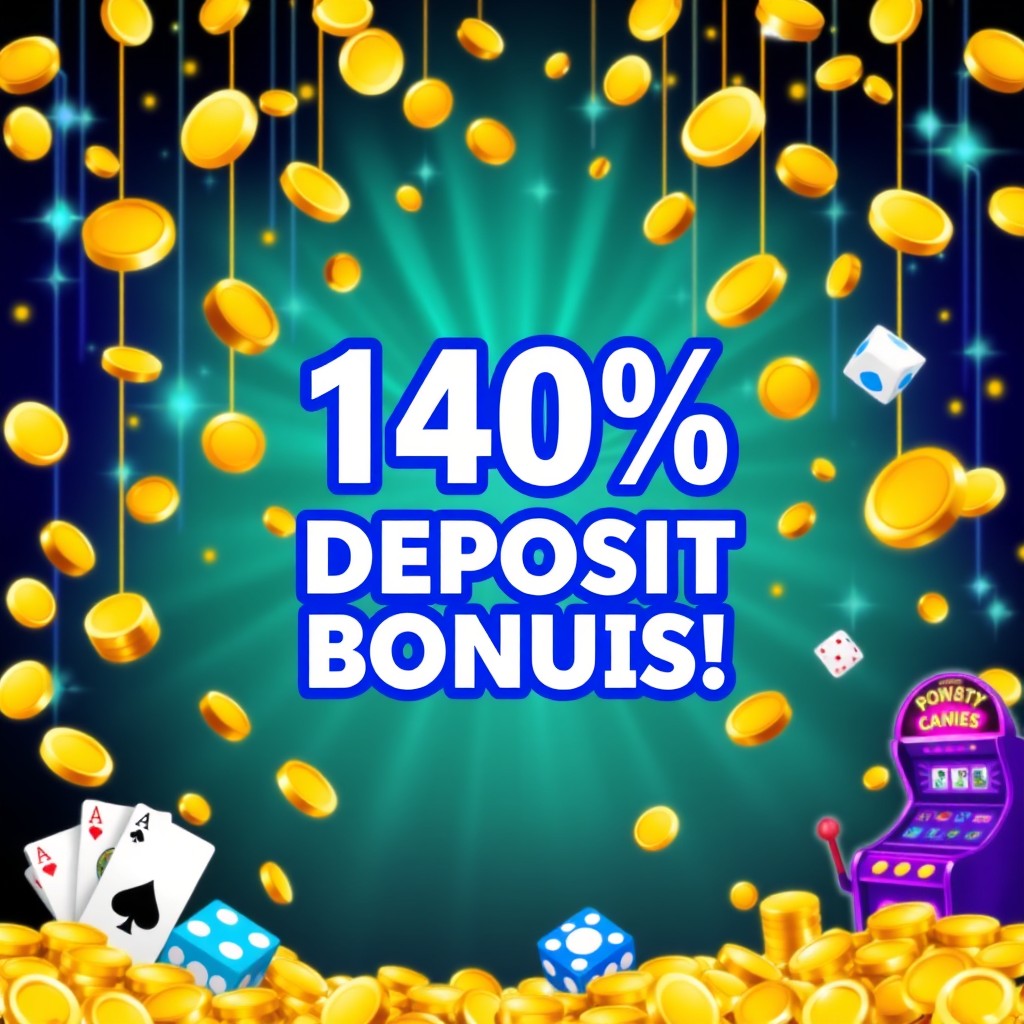 A vibrant advertisement showcasing a '140% Deposit Bonus' for a casino or online gambling platform