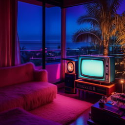 A retro 80's style room in an apartment, bathed in atmospheric neon light, filled with vintage tech including a HiFi system, vinyl player and a classic TV. A vintage sofa faces towards a window with a stunning view of a beach and palm trees at night.