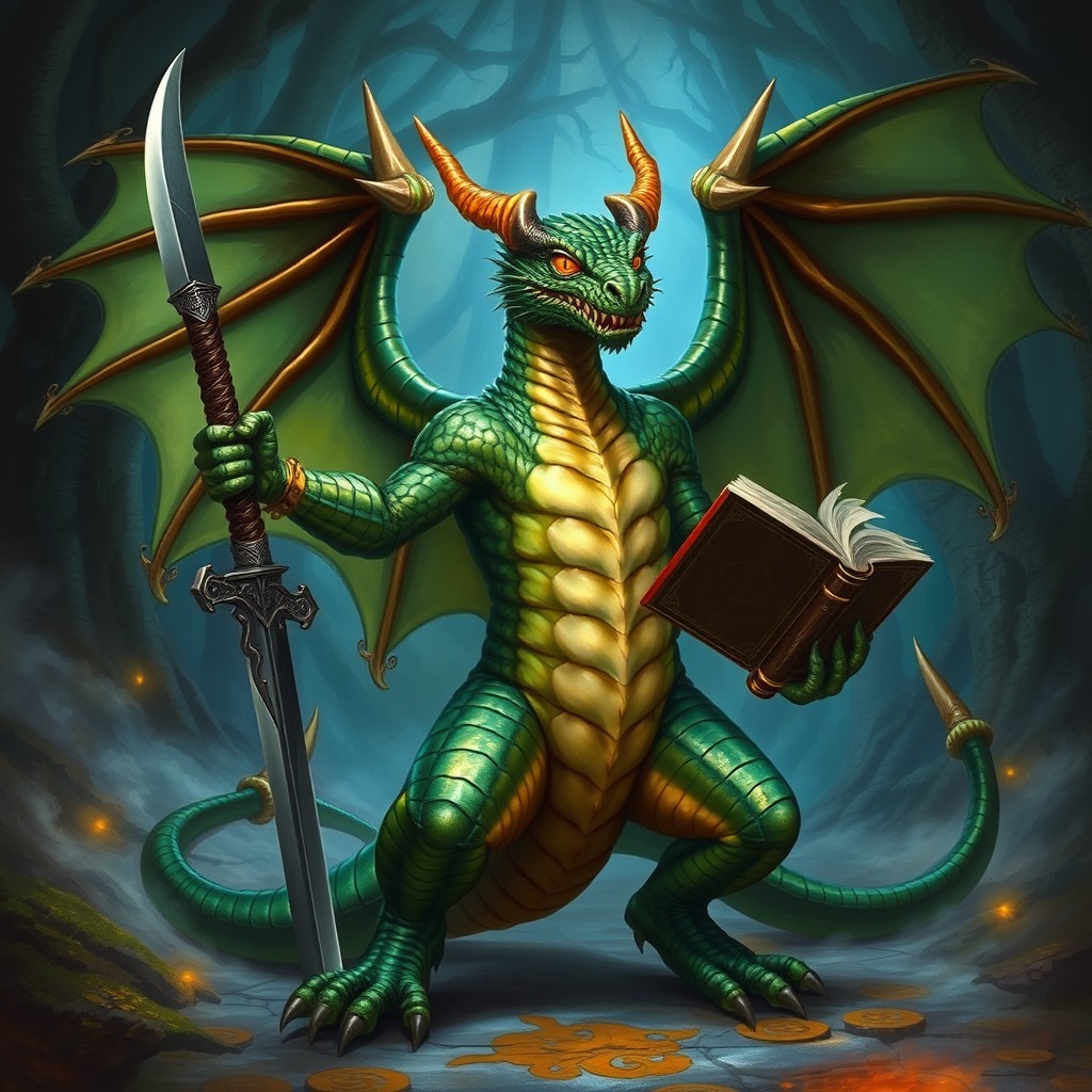 A majestic Bozak draconian from the Dragonlance series, featuring shimmering green and bronze scales, large bat-like wings, and fierce reptilian eyes