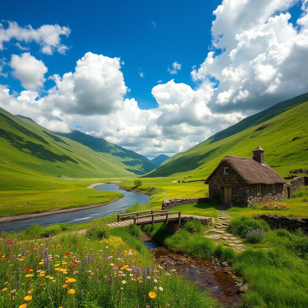 A stunning landscape featuring lush green hills under a vibrant blue sky dotted with fluffy white clouds
