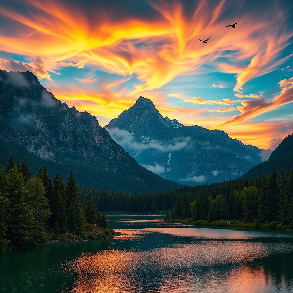 A stunning conceptual photo edit blending surrealism and natural beauty, featuring a majestic mountain landscape under a vibrant sunset sky with swirling clouds