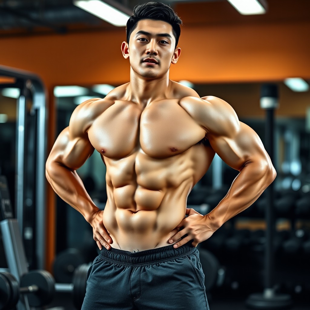 A Korean lean muscular man showcasing a prominent physique with visible muscle definition and a subtle indented bulge, exuding confidence and strength