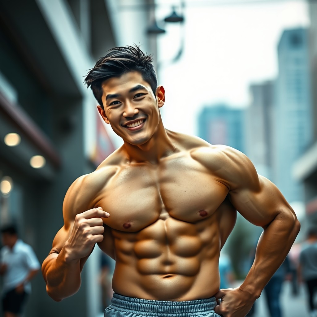 A muscular and lean Korean man showcasing his athletic physique