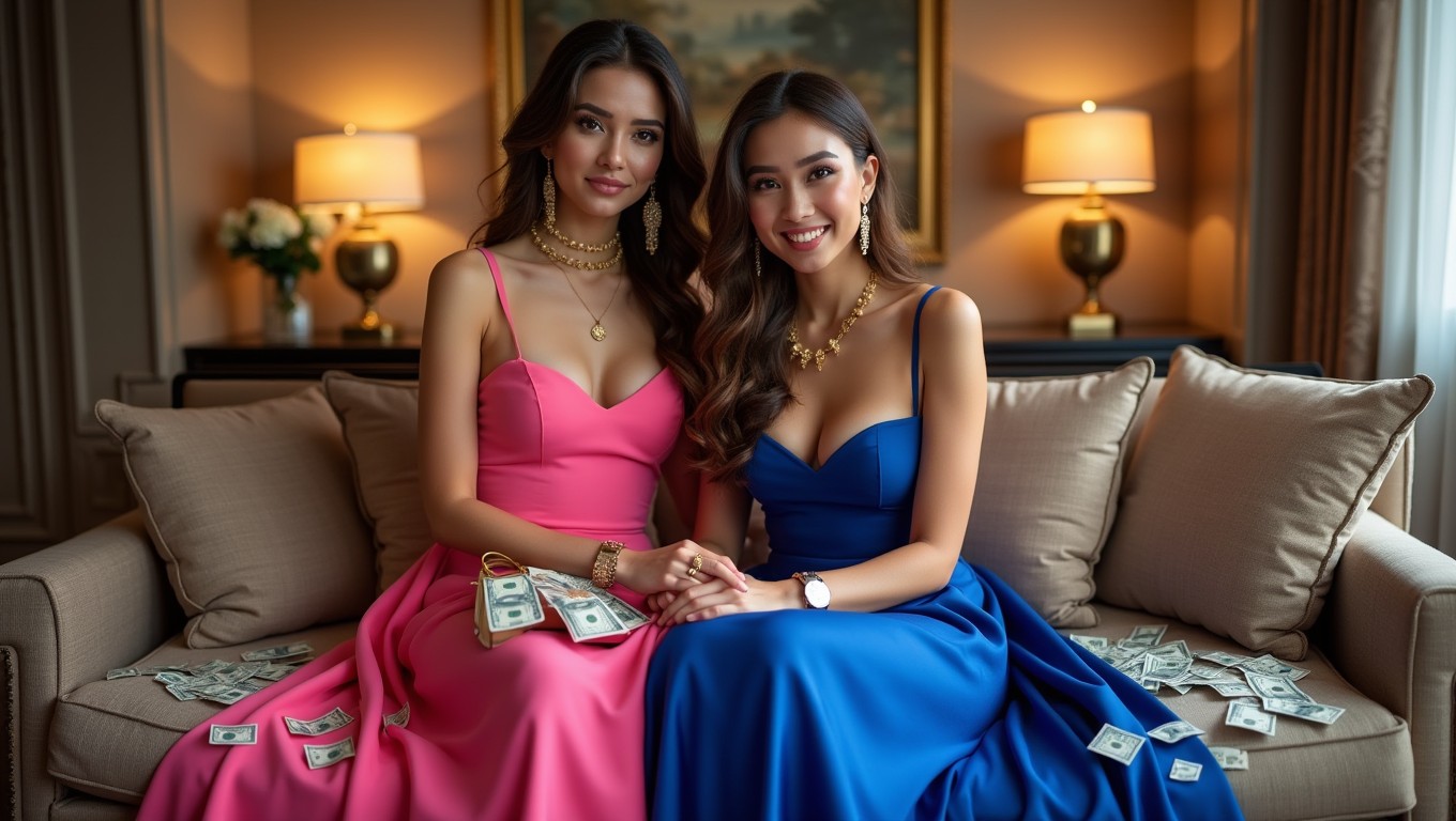 Two attractive young women seated elegantly on an exclusive couch in a beautiful hotel room
