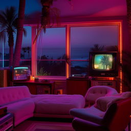 A retro 80's style room in an apartment, bathed in atmospheric neon light, filled with vintage tech including a HiFi system, vinyl player and a classic TV. A vintage sofa faces towards a window with a stunning view of a beach and palm trees at night.