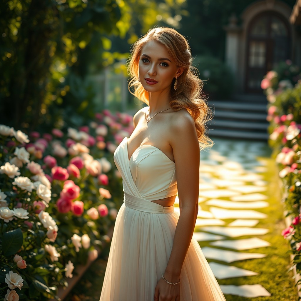 A graceful woman wearing an elegant gown, standing in a lush garden filled with blooming flowers