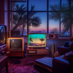 A retro 80's style room in an apartment, bathed in atmospheric neon light, filled with vintage tech including a HiFi system, vinyl player and a classic TV. A vintage sofa faces towards a window with a stunning view of a beach and palm trees at night.