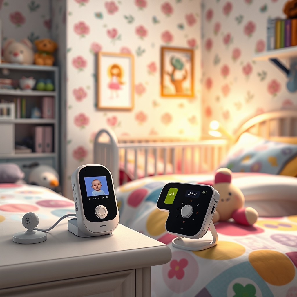 A realistic depiction of a baby monitor placed on a bedside table in a cozy, 4-year-old girl's room