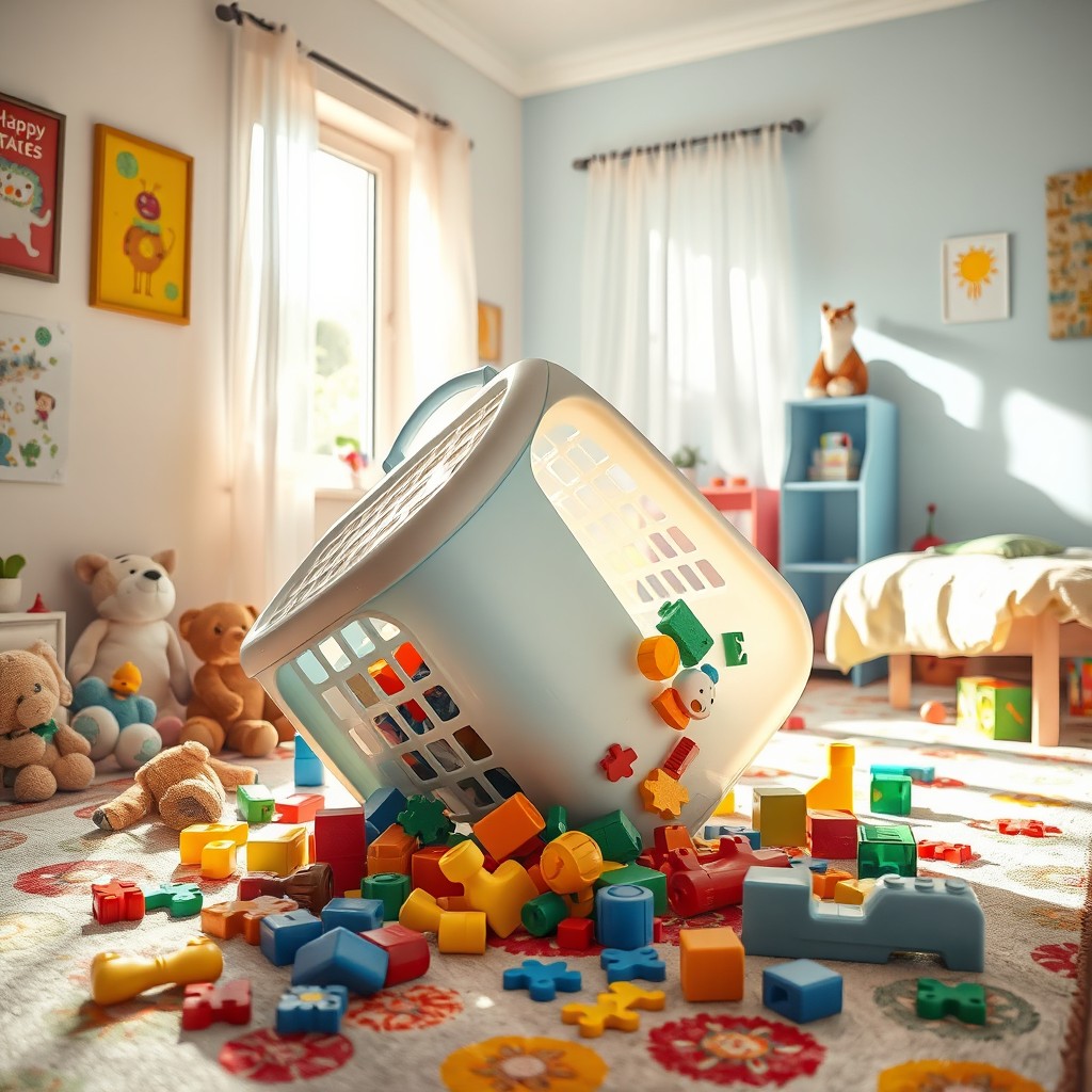 A realistic scene of a large plastic toy basket that has fallen over in the middle of a child's room