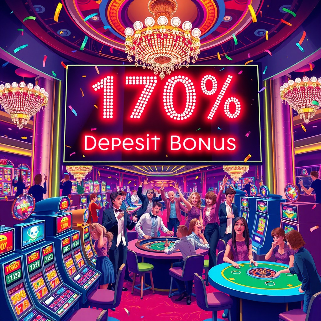 A vibrant, dynamic illustration of a casino scene featuring large digital screens showcasing a bold '170% Deposit Bonus' announcement in glowing neon letters