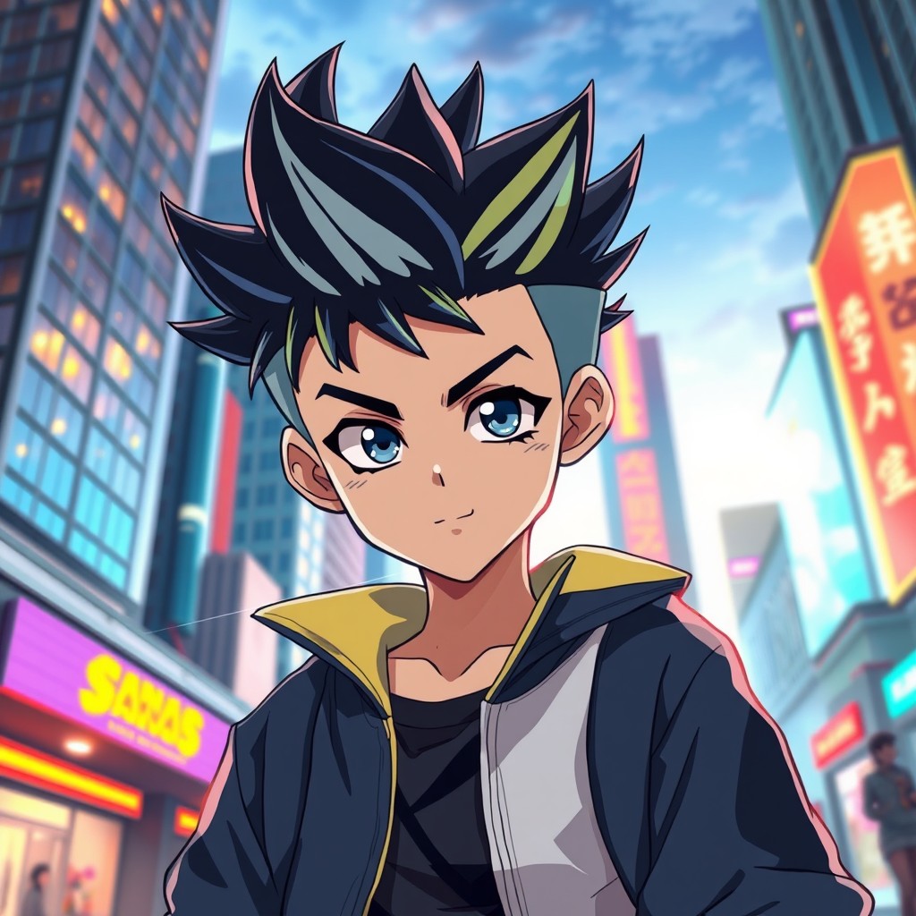 A stylish anime boy with striking features, dressed in a trendy outfit, standing confidently in a vibrant city setting