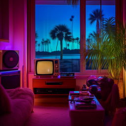 A retro 80's style room in an apartment, bathed in atmospheric neon light, filled with vintage tech including a HiFi system, vinyl player and a classic TV. A vintage sofa faces towards a window with a stunning view of a beach and palm trees at night.