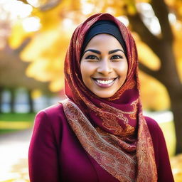 A woman with a vibrant smile, wearing a richly decorated hijab standing in a beautifully lit fall setting with the sunrays dancing over her.