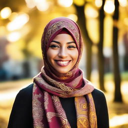 A woman with a vibrant smile, wearing a richly decorated hijab standing in a beautifully lit fall setting with the sunrays dancing over her.