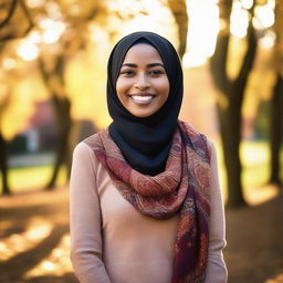 A woman with a vibrant smile, wearing a richly decorated hijab standing in a beautifully lit fall setting with the sunrays dancing over her.