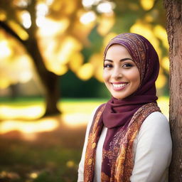 A woman with a vibrant smile, wearing a richly decorated hijab standing in a beautifully lit fall setting with the sunrays dancing over her.