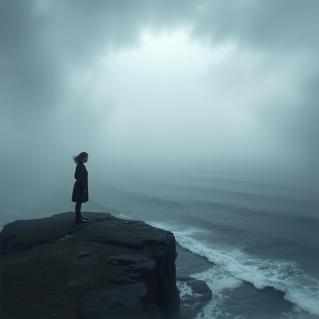 A serene and melancholic landscape depicting a solitary figure standing on a foggy cliff overlooking a vast ocean, with dark storm clouds gathering above