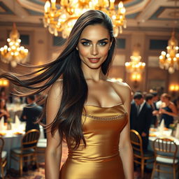 A stunning woman with flowing long dark hair, glowing skin, and piercing blue eyes, wearing an elegant, form-fitting evening gown that shimmers under soft golden lights