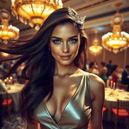 A stunning woman with flowing long dark hair, glowing skin, and piercing blue eyes, wearing an elegant, form-fitting evening gown that shimmers under soft golden lights