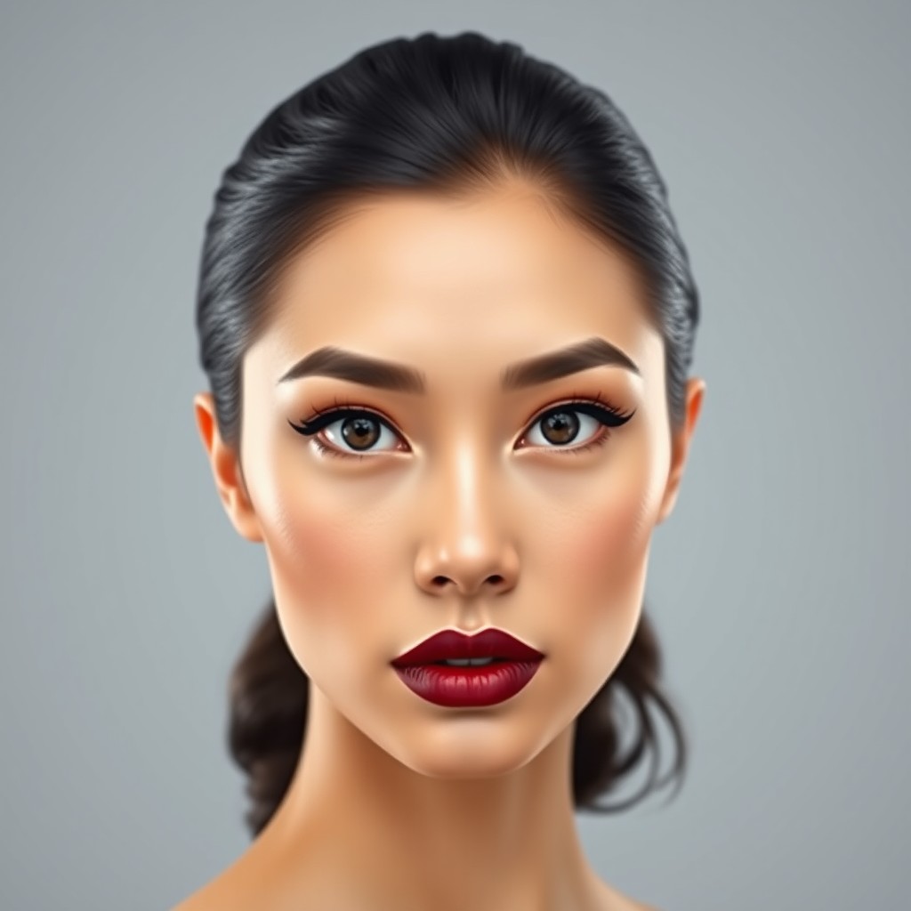 A portrait of a woman with an elongated oval-shaped face, featuring a high, wide and clear forehead that stands out