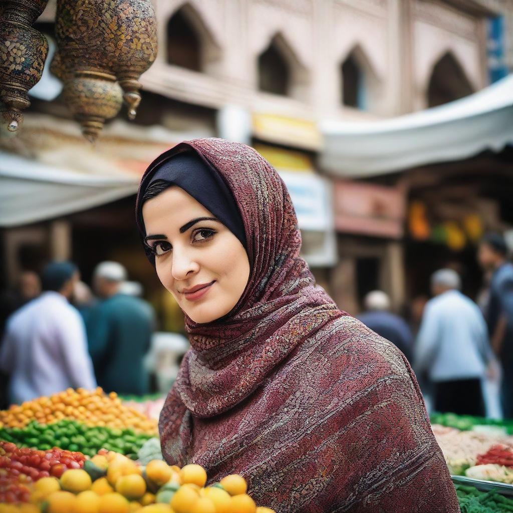 An Iranian woman wearing a beautifully patterned hijab standing by a bustling market, with traditional Iranian architecture in the background.