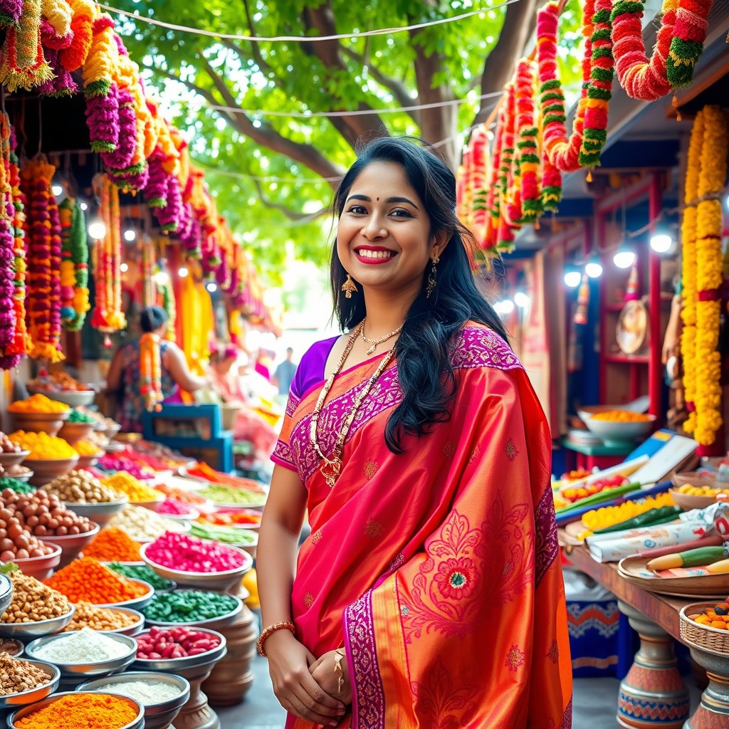 An Indian woman dressed in a bright colorful traditional saree, adorned with intricate patterns and elegant embroidery