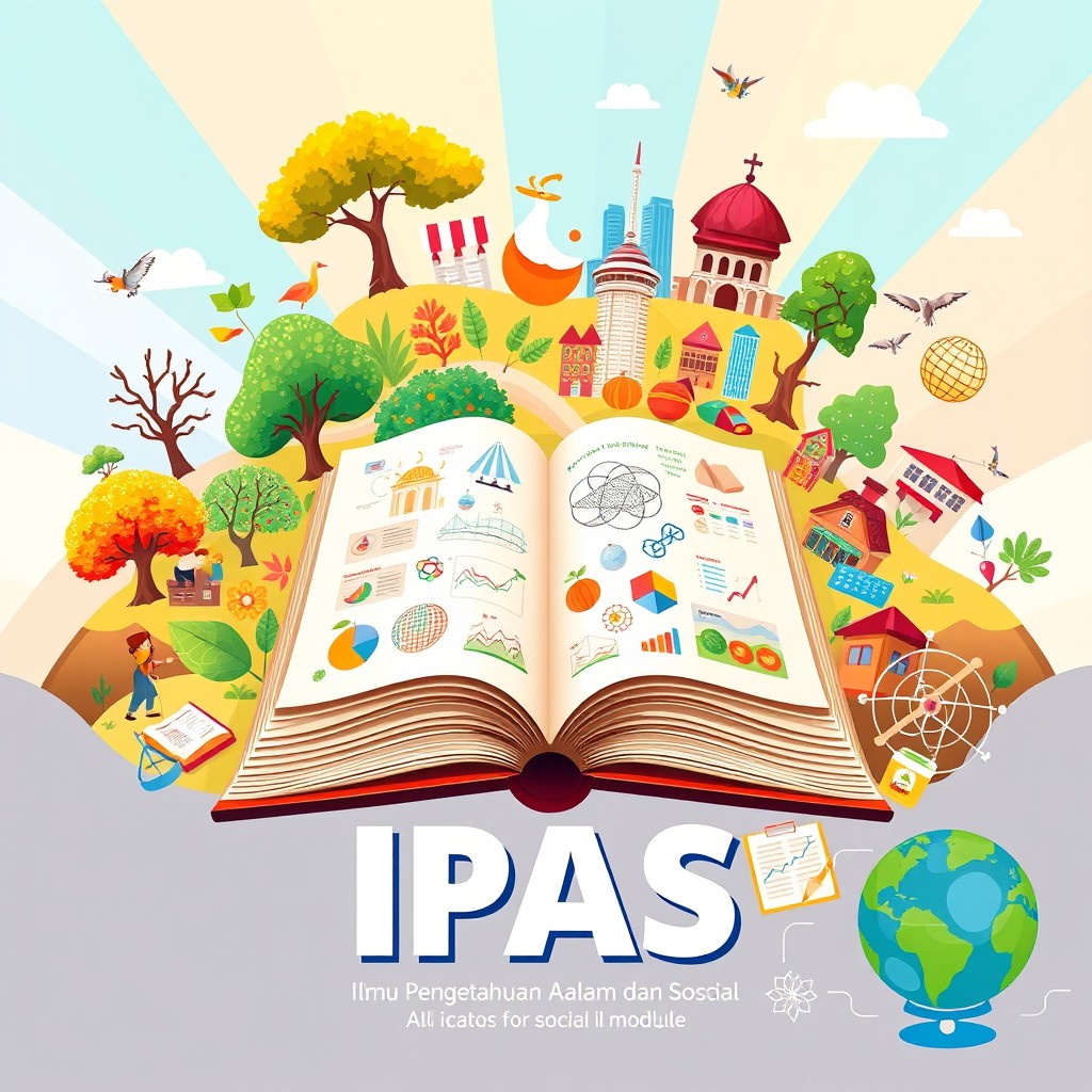 A visually engaging and informative illustration representing an educational module focused on IPAS (Ilmu Pengetahuan Alam dan Sosial), featuring elements of science and social studies intermingling