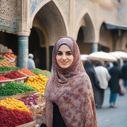 An Iranian woman wearing a beautifully patterned hijab standing by a bustling market, with traditional Iranian architecture in the background.