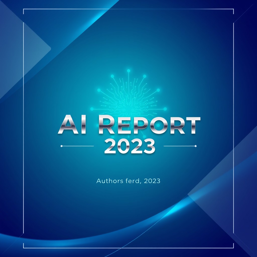 An elegant and modern AI report cover page design featuring a sleek, futuristic gradient background transitioning from deep blue to electric teal