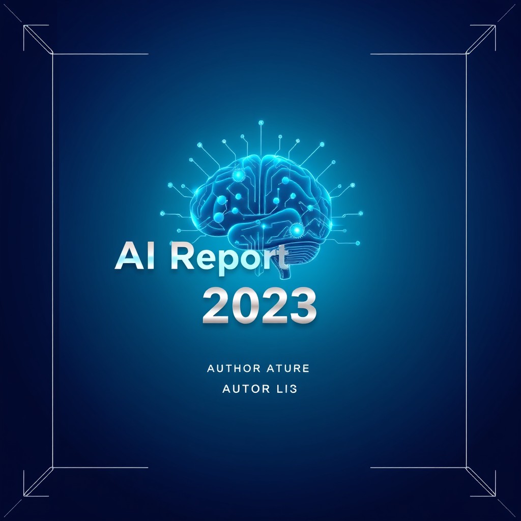 An elegant and modern AI report cover page design featuring a sleek, futuristic gradient background transitioning from deep blue to electric teal