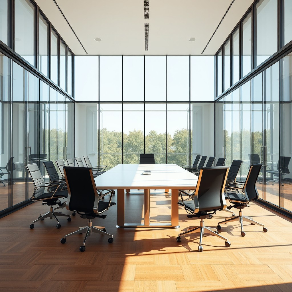 An empty corporate meeting room featuring a large rectangular table at the center, surrounded by modern ergonomic chairs