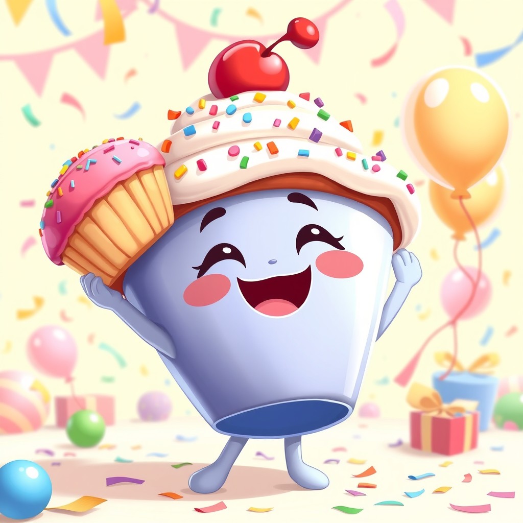A cute and whimsical character inspired by Sprout from Dandy's World, joyfully holding a massive, colorful cupcake