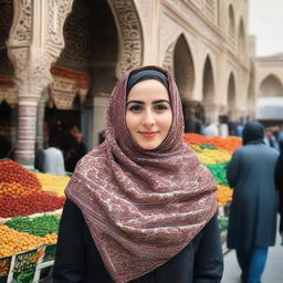 An Iranian woman wearing a beautifully patterned hijab standing by a bustling market, with traditional Iranian architecture in the background.