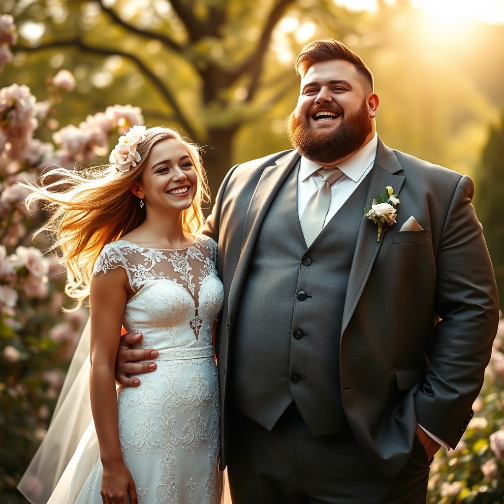 A scene depicting a heavy-built man and a slim teenage girl both beautifully dressed in elegant wedding attire, expressing joy as they stand together in a picturesque garden