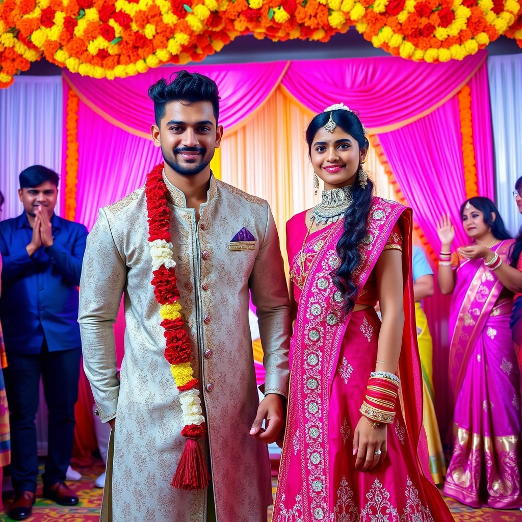 A vibrant scene of an Indian wedding featuring a gym-toned man and a slim teenage girl, both dressed in exquisite traditional attire