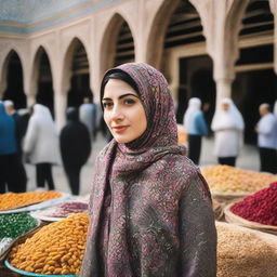 An Iranian woman wearing a beautifully patterned hijab standing by a bustling market, with traditional Iranian architecture in the background.