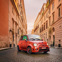 An Abarth 500, in vibrant racing colors, speeding vivaciously through the historic stone-paved streets of Rome, with notable landmarks in the backdrop.