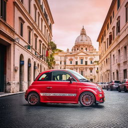 An Abarth 500, in vibrant racing colors, speeding vivaciously through the historic stone-paved streets of Rome, with notable landmarks in the backdrop.