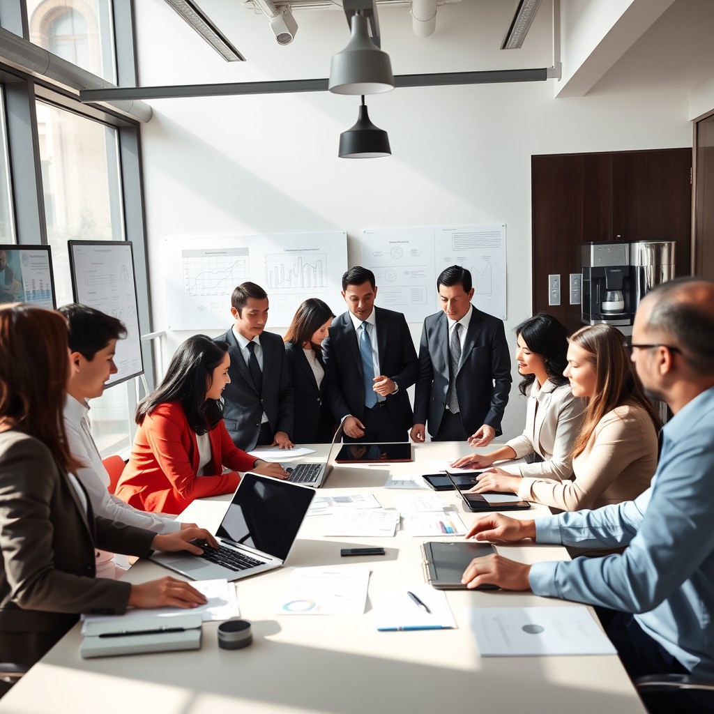 A group of faceless business professionals in a modern office setting