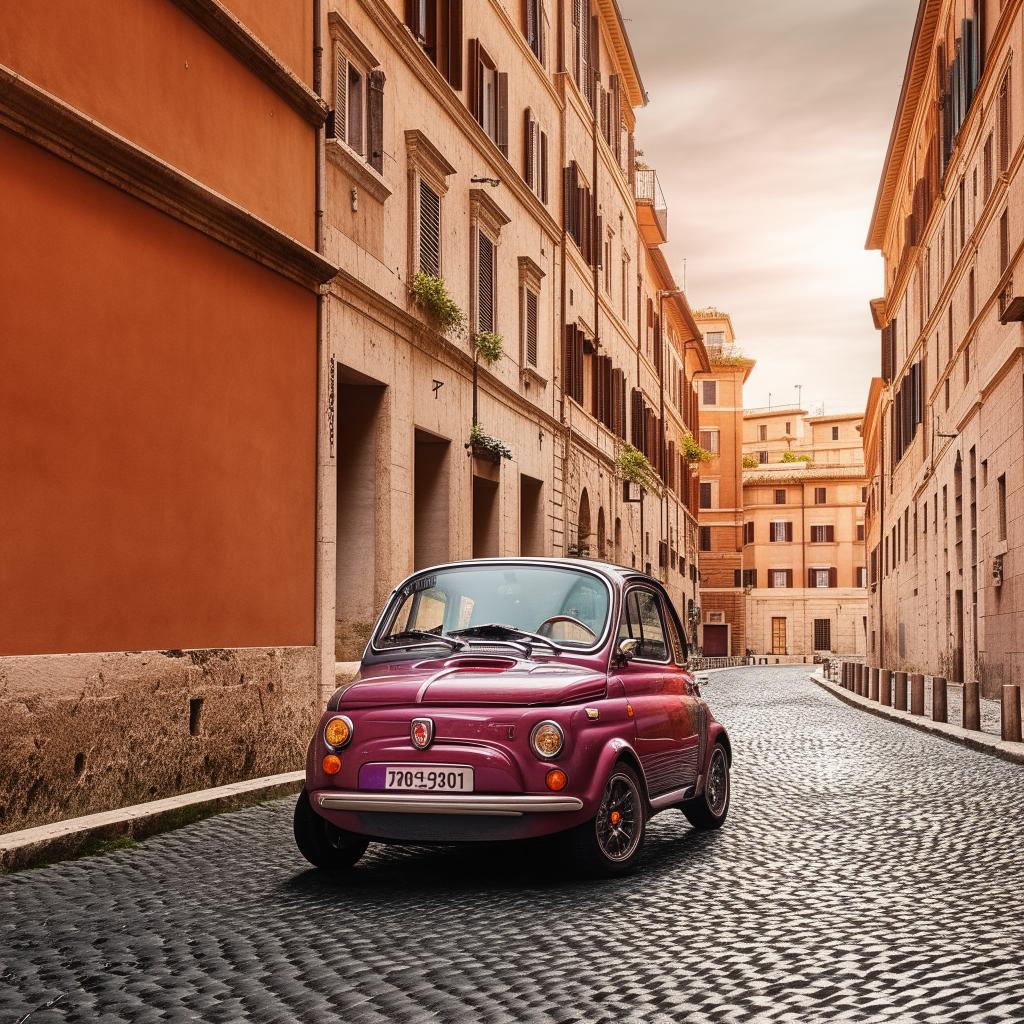 An Abarth 500, in vibrant racing colors, speeding vivaciously through the historic stone-paved streets of Rome, with notable landmarks in the backdrop.