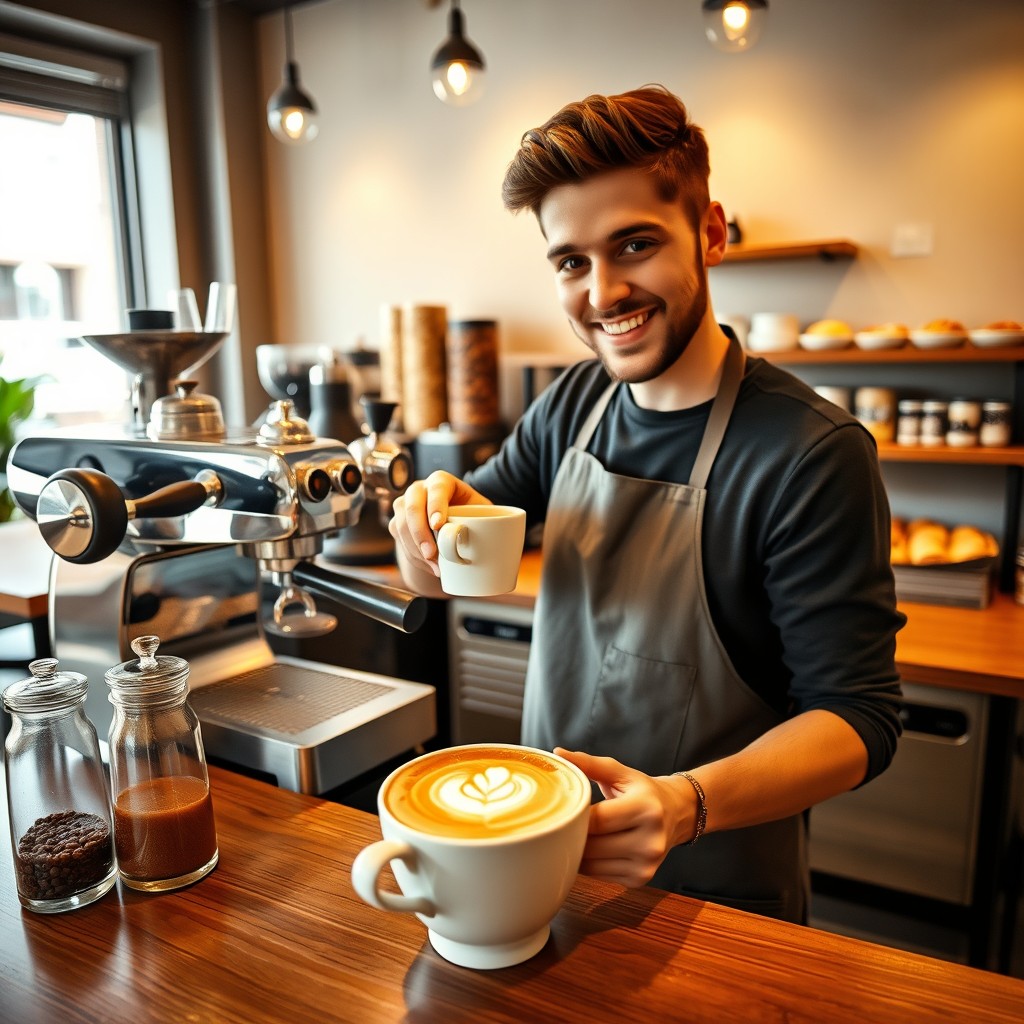 A skilled barista expertly preparing a cup of coffee in a cozy, modern café