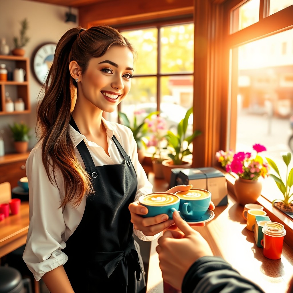 A cheerful barista girl serving coffee in a vibrant, cozy café