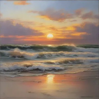 The painting depicted the sunset on the shore, where the waves ebb away into the distance.