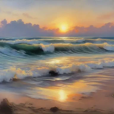 The painting depicted the sunset on the shore, where the waves ebb away into the distance.