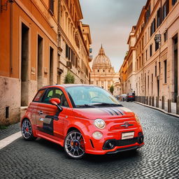 An Abarth 500, in vibrant racing colors, speeding vivaciously through the historic stone-paved streets of Rome, with notable landmarks in the backdrop.