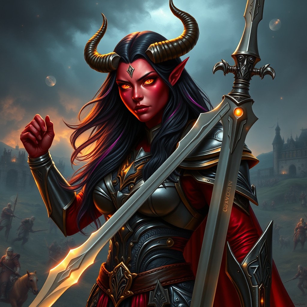 A striking female Tiefling Paladin stands confidently, her crimson skin glistening under the light of a glowing sword held high